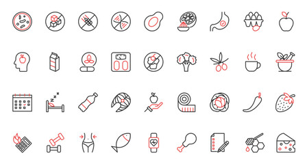 Nutrition trendy red black thin line icons set vector illustration. Diet sport in gym to slim, balance detox with water, healthy menu without sugar, GMO and gluten free, fresh vegetarian vitamin food.