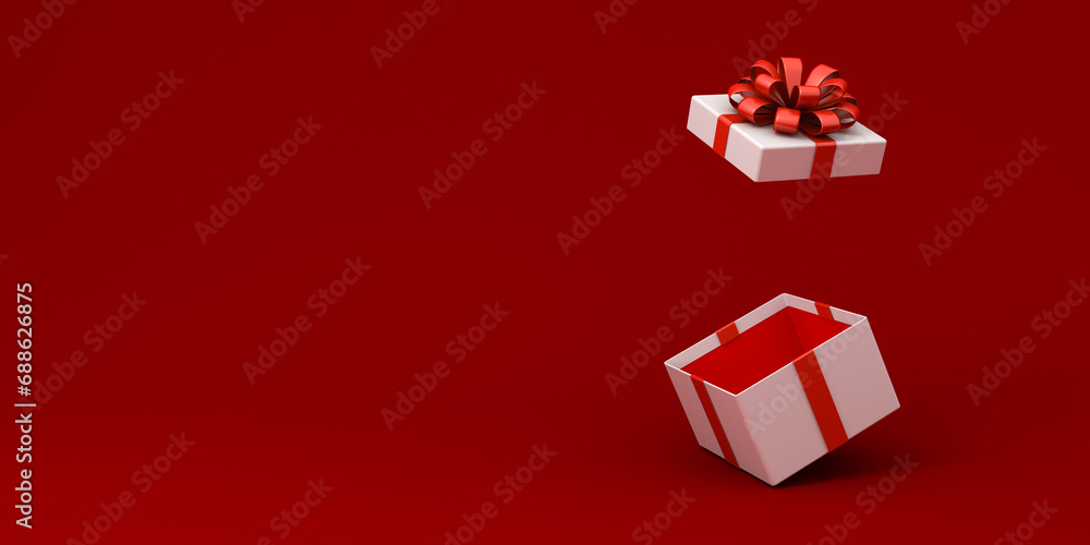 Aufkleber Blank white present box open or gift box with red ribbons and bow isolated over dark red background with shadow and blank space minimal conceptual 3D rendering