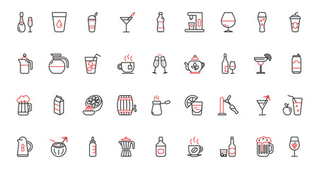 Drinks trendy red black thin line icons set vector illustration. Restaurant bar menu collection with mineral water, alcohol cocktails, fruit vitamin juice, hot coffee and tea, champagne and beer glass - obrazy, fototapety, plakaty