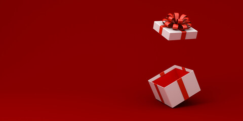Blank white present box open or gift box with red ribbons and bow isolated over dark red background with shadow and blank space minimal conceptual 3D rendering