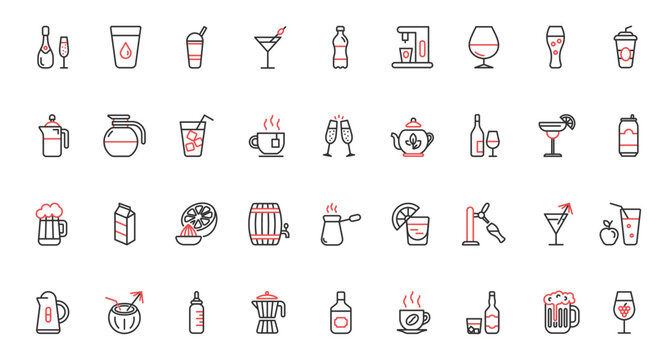 Drinks trendy red black thin line icons set vector illustration. Restaurant bar menu collection with mineral water, alcohol cocktails, fruit vitamin juice, hot coffee and tea, champagne and beer glass