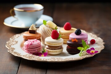 A delightful assortment of petit fours presented on an antique porcelain dish, complemented by a charming rustic setting
