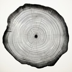 A graphic print of uneven black tree rings, wavy space between some rings isolated on white background. Wood rings