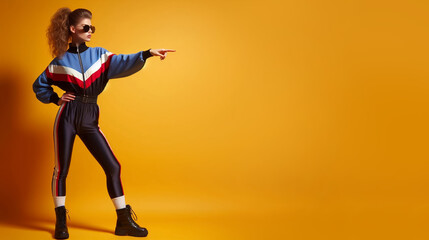 banner with a woman in 1990s sports clothing pointing right, copy space, orange background