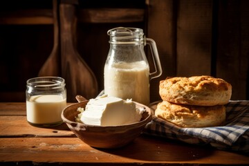 A country-style breakfast with homemade buttermilk biscuits and a jug of fresh buttermilk on a wooden table