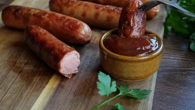 Grilled sausages Bockwurst dipped in red sauce. Close up. Slow motion.