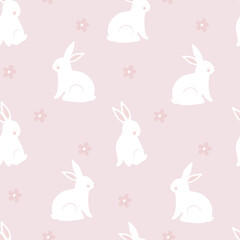 Cute hand-drawn seamless pattern with rabbits and flowers