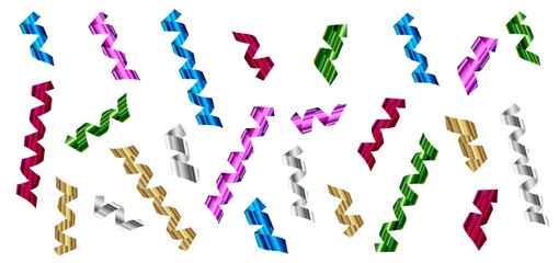 Realistic serpentine ribbons. Bright golden, pink, silver and green curled tapes