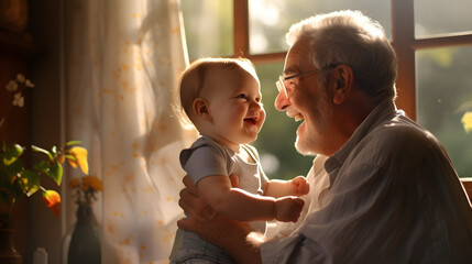 Happy grandfather holding his grandchild. Happy grandfather day, grandparents day.