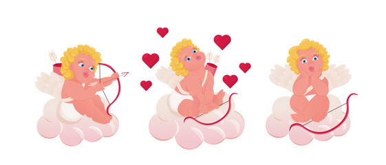 Cute baby cupid with bow, heart hunters romantic vector character isolated on white background. Amur little angels or god eros. Flat Vector illustration for Valentine day card, love flyer