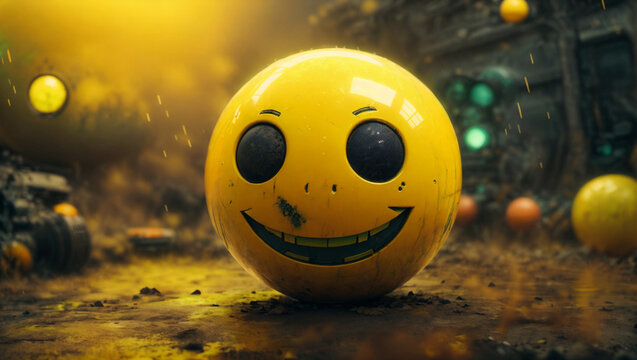 Scary smiling emoticon, imoji on the background of lights.