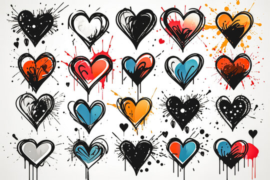 A set of hearts of different colors drawn with paint.