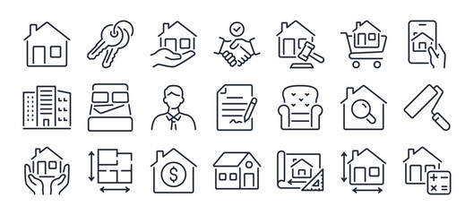 Real estate editable stroke outline icons set isolated on white background flat vector illustration. Pixel perfect. 64 x 64. - obrazy, fototapety, plakaty
