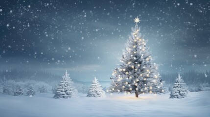 Obraz premium Winter Wonderland Celebration: Holiday Festive Background with Snowy Tree and Garland Lights
