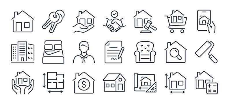 Real estate editable stroke outline icons set isolated on white background flat vector illustration. Pixel perfect. 64 x 64.