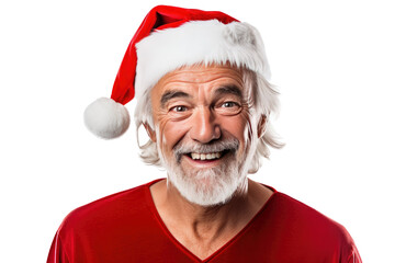 Studio portrait of an elderly man with a white beard smiling happily wearing a red Santa cap hat at Christmas isolated on transparent background.