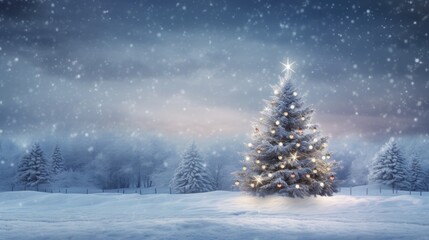 Winter Wonderland Celebration: Holiday Festive Background with Snowy Tree and Garland Lights