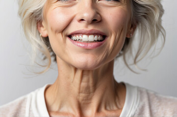 Smiling Caucasian woman with signs of aging facial skin, close-up.