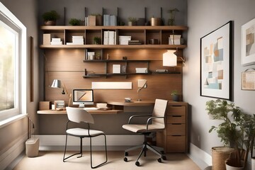 Fototapeta na wymiar Compact home office corner featuring a wall-mounted desk, organizational shelves, and a cozy desk chair 