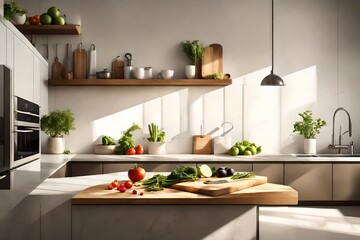 Kitchen counter with fresh ingredients, a cutting board, and morning sunlight