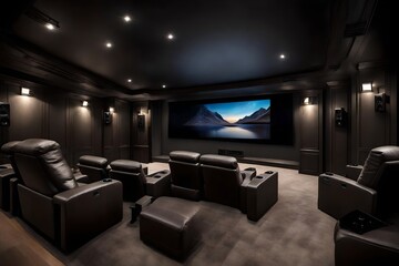 Sleek home theater setup with a large screen, comfy recliners, and ambient LED lighting 