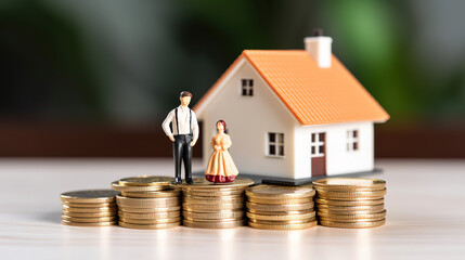 young couple on a coin stack. house, Concept of saving for a house