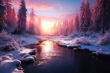 a river running through a snow covered forest - obrazy, fototapety, plakaty