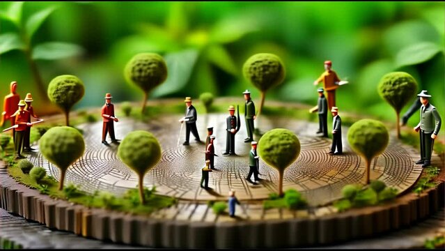 A scene of everyday life replicated on a miniature island. Small houses, people, and animals are depicted spending an active day, forming a self-contained world within a glass dome.
