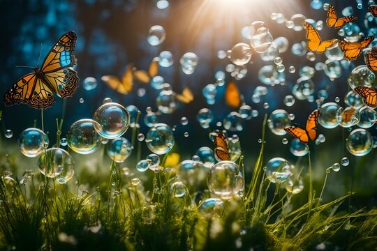 A whimsical meadow with bubbles rising like dreams, each carrying a butterfly in a cocoon stage, the overall mood evoking a sense of metamorphosis and the beauty of transformation