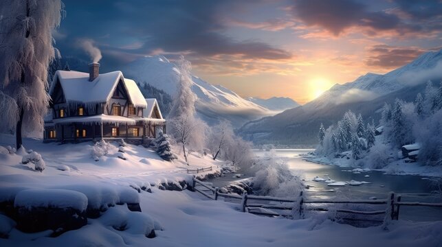 a illustration of a house in the snow