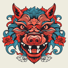 Vector Ornate Boar Head. Patterned Tribal Monochrome Design. Vector illustration in Chinese style