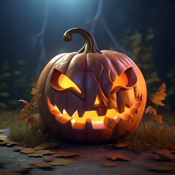 Jack o lantern, spooky carved Halloween pumpkin wallpaper background forest