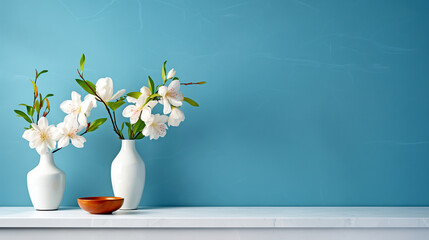 Minimalistic Interior With Marble Countertop And Vases With Flowers On A Blue Background - legal AI
