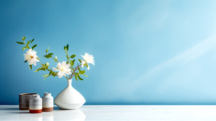 Minimalistic Interior With Marble Countertop And Vases With Flowers On A Blue Background - legal AI
