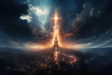 Foto op Canvas Glowing Catholic cross above the earth and surrounding clouds. Sacred and slightly surreal.by Generative AI. © chartchai
