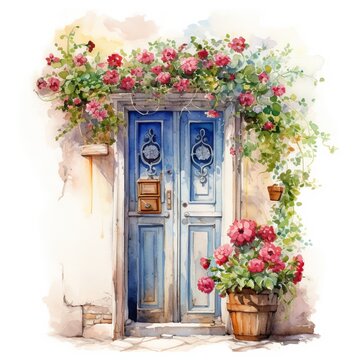 watercolour cozy door with flowers on white background