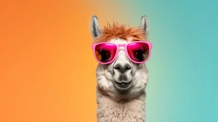 Gordijnen llama in stylish sunglasses: quirky commercial editorial image on solid pastel background, surreal surrealism concept © Ashi