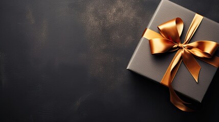 Festive background with gift box and gold ribbon on black background