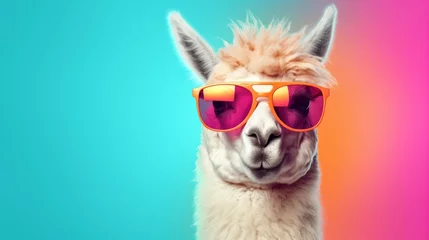 Poster Im Rahmen llama in stylish sunglasses: quirky commercial editorial image on solid pastel background, surreal surrealism concept © Ashi