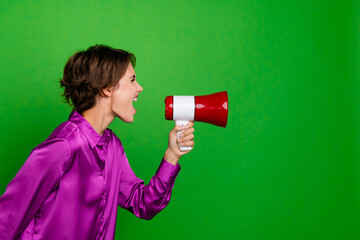Profile photo of young lady scream megaphone furious entrepreneur complains stupid partners to...