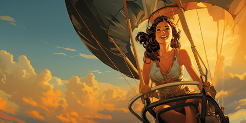 Woman on a hot air balloon in a awe and wonder, a woman gazes with amazement at the breathtaking panorama. Made with Generative AI.