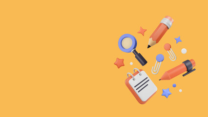 3D Stationery supplies floating on yellow background. Banner template with copy space. Arrangement of magnifier render, plastic pen and pencil, copybook, paper clips and stars. Vector illustration.