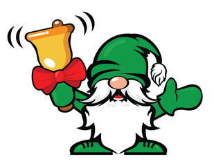 Cute cheerful christmas gnome with gold jingle bell. Vector template on transparent background