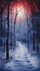 a illustration of a path in a snowy forest