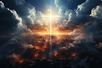 Glowing Catholic cross above the earth and surrounding clouds. Sacred and slightly surreal.by Generative AI. - obrazy, fototapety, plakaty