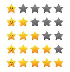 From 1 to 5 yellow gold stars rating with cute cartoon faces emoticon vector illustration set isolated on white plain background. Simple flat art styled drawing. Rank, valuation, mark concept art.