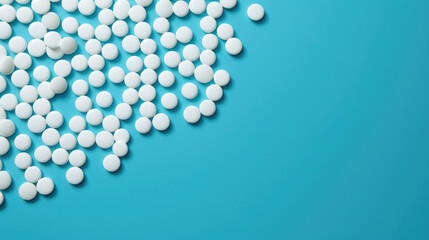 medical tablets on a blue background, top view