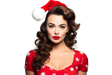 a beautiful pin-up lady in the 50's Era wearing a Christmas outfit professional photography white background PNG