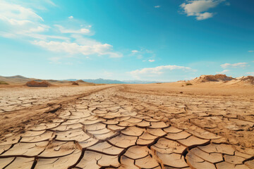 a desert of cracked earth against a blue sky