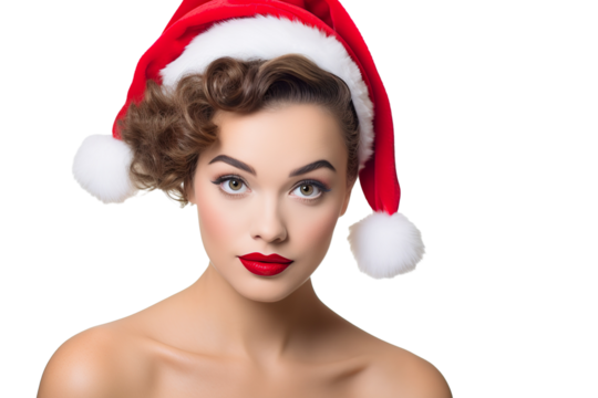 a beautiful pin-up lady in the 50's Era wearing a Christmas outfit professional photography white background PNG